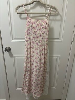 INTERMIX 100% Silk Cream Floral Midi Dress with Pink Roses